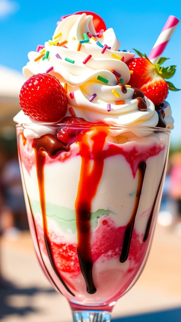 A colorful layered ice cream dessert in a clear glass with whipped cream, sprinkles, and berries.